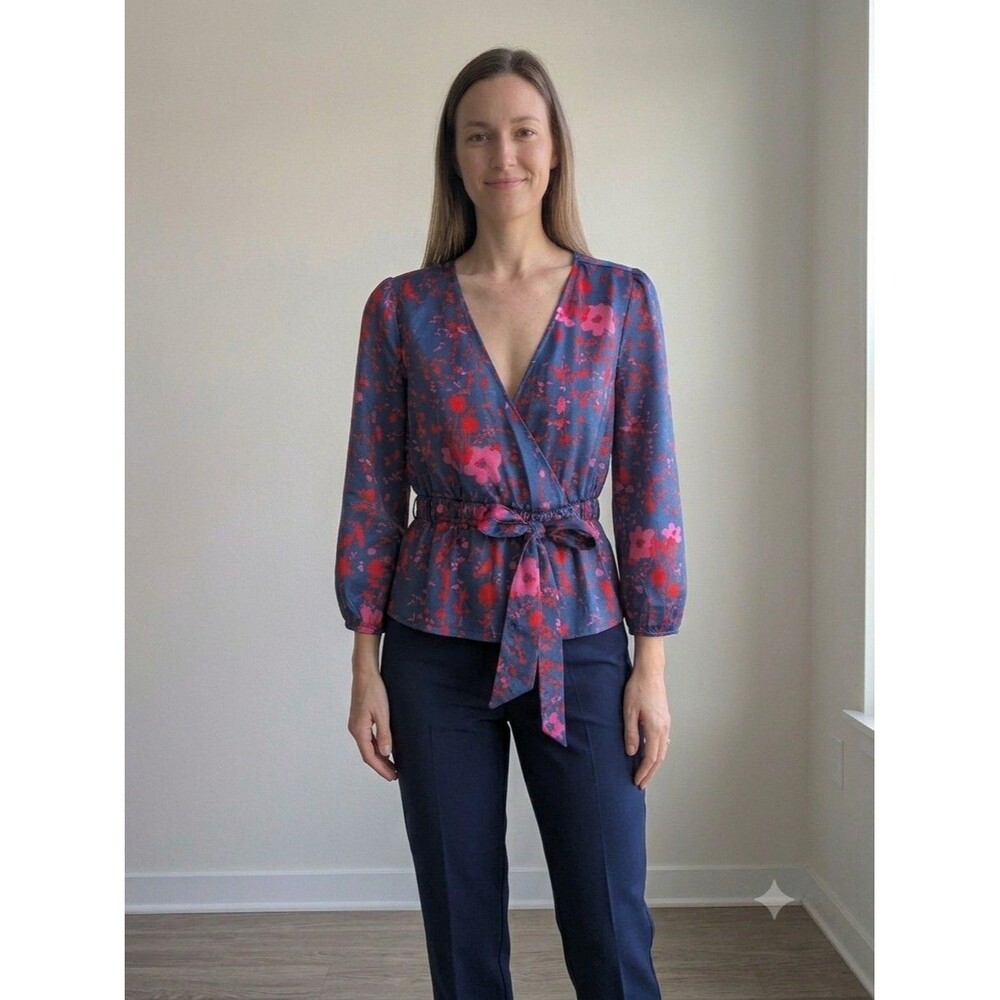 Wet Seal Floral Satin Wrap Blouse Tie Waist V-Neck Balloon Sleeve Blue M